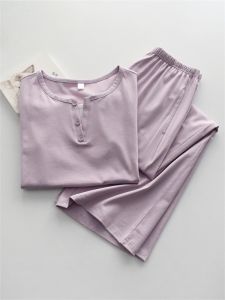 Summer Thin Cotton Pajamas Set for Couples Loose Fit Short Sleeve Long Pants Comfortable Breathable Sleepwear Casual Home Clothes