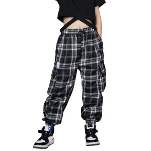 Rolanko ชุดเต้นรำสำหรับเด็กผู้ชายเด็กผู้หญิงกางเกงขายาวลายสก็อตสีขาวดำชุดเต้นรำกางเกงขายาวลำลองกางเกงขาจั๊มสินค้าที่บรรทุกฮิปฮอปสวมใส่ทุกวันเอวยางยืดทรงหลวมอายุ4-14ปี