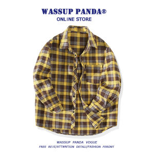 Wassup Panda Vintage Brushed Plaid Shirt Mens Spring Autumn Casual Long Sleeve Button up Outerwear Polyester Cotton Viscose