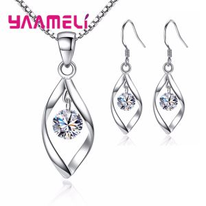 CZ Necklace Earring Bridal Jewelry Sets Wholesale 925 Sterling Silver Color Cubic Zirconia Water Drop Wedding Engagement
