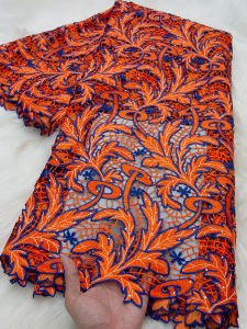 Luxury African Green Orange Cord Lace Fabric 5 Yards Guipure Lace Fabric With Leaf Embroidery For Womens Evening Gown