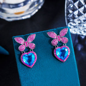 Sequito Charming paved Đỏ hồng AAA Zircon lập phương bướm Drop Blue hình trái tim Stones Bông tai lủng lẳng vàng đen màu sắc tai cổ điển trang sức cho phụ nữ vũ hội buổi tối se827