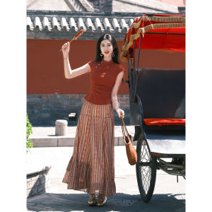 LINGQIAN | New Chinese Style Red Set Dress Floral Top Retro Stripe Skirt