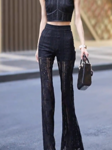 MANMI | Black Lace Panel High-waist Slim Leg Flare Pants