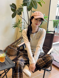 เสื้อยืดคอกลมแขนยาวถักลายทางปักลายสุนัขฤดูใบไม้ร่วง/ฤดูหนาวสำหรับผู้หญิง เสื้อเชิ้ตสไตล์วิทยาลัย เสื้อเชิ้ตคอตตอน