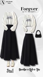 Setelan Terbaru Wanita (Sweater + Rok Joda + Tas Shoulder ) One set Pakaian Cewek Trend 3in1