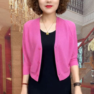 Lightweight Breathable Knitted Open Cardigan Womens Summer New Loose Casual Seven-Quarter Sleeve Pure Color Versatile Mom Jacket