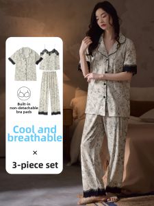 LEZIMENG | Ice Silk Lace Printed Womens Pajama Set