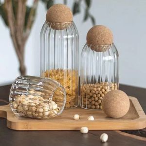 500-1300ml Glass Stripe Sealed Storage Tank with Cork Stopper Kitchen Storage Box Coffee Beans Nuts Candy Food spices Container