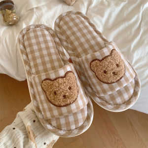 Thin Strip All Year Round Neutral Linen Slippers Womens Spring & Fall Cute Plaid Bear Home Air-Conditioned Room Cotton Linen Sandals