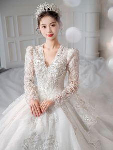 Elegant Long Sleeve V-Neck Wedding Dress Heavy Embroidery Train Floor Length Outfit for Small Stature Sweet Style Church Wedding