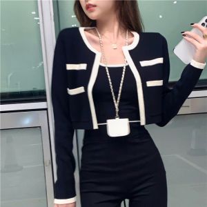 Color Block Knitted Cardigan Summer New Style Strap Vest Short Top Two Piece Set Womens Premium Fashion Thin Long Sleeve Crew Neck