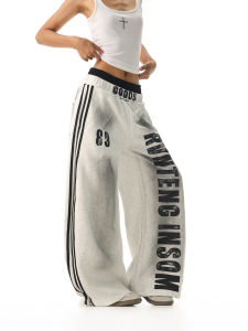 American High Street Style Beer Captain Womens Wide Leg Pants Double Waist Design Durable Cotton Blend Retro Lettering