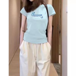 Slim Fit Pure Cotton Short Sleeve T-Shirt Womens Blue Trendy Brand Short Style Sweet And Spicy Small Size Summer Top
