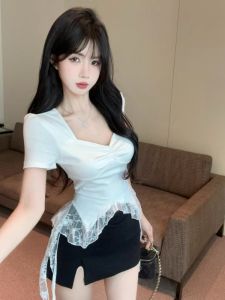 GUZILIAN | Pure Desire Spicy Girl Square Collar Short Sleeve T-Shirt Women Summer New Design Lace Splice Short Style Base Top