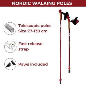 Nordicpro สีแดง - ไม้เท้าเดินนอร์ดิก พร้อมระบบสายรัดแบบคลิก สายรัด L/XL