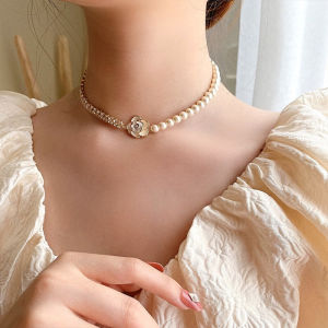 Korean Temperament Camellia Necklace: Women's Short Diamond Pearl Stitching Clavicle Chain Exquisite Fashion Necklace
