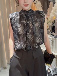 QINGNAER | Elegant Printed Color-blocked Mandarin Collar Sleeveless Plus Size Blouse