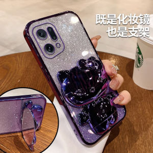 Luxury Glitter KT Cat Makeup Mirror Stand Soft Shell Protective Case for OPPO FindX6 Womens Fashion High-End Cartoon Lens Full Cover Mirror
