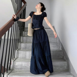 Karrar betsey | Bộ Đầm Hè Hình Chấm Bi Tay Bồng Cổ Vuông Phong Cách Pháp