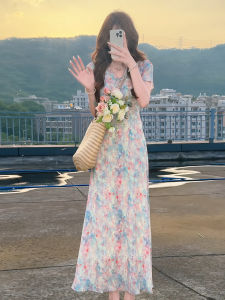 PEIZIXUAN | French V-Neck Floral Waist-Accentuated Long Dress for Summer Beach Vacation