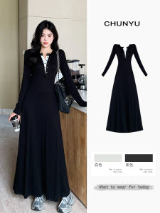 plus Size Casual Long Sleeve Dress Womens Autumn French Waist Cinching Slimming Black Dress Cover Belly High Waist A-Line Skirt