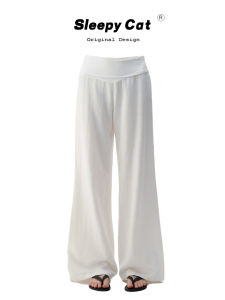 Huffnpuff Summer Linen Silk Casual Pants Women High Waist Loose Fit Straight Leg Pants Korean Style Commute Wind Pocket Detail