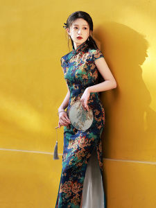 Young Womens Improved Cheongsam Blue Summer Shanghai Ladies Elegant Style Retro Republic of China Fashion Long Dress