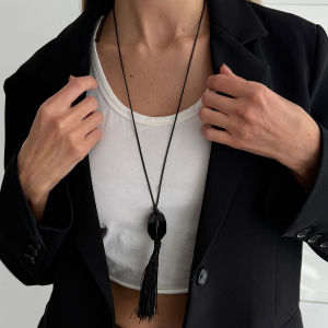 SHIXIN New Trendy Black Acrylic Geometry Pendant Necklace Women Simple Rope Chain Long Tassel Sweater Chain Fashion Jewelry Gift