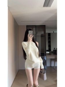Spring 2025 Womens Knitted Shoulder-baring Loose Fit Set Casual Style High Waist Shorts Long Sleeve Top Bottoms Matching Outfit
