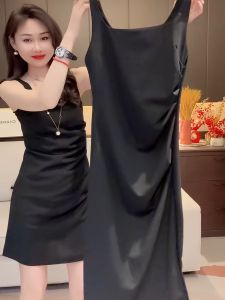 Elegant Black Vest Dress Women Summer Outerwear High Waist Asymmetrical Gown Commute Style Zipper Closure Midi Skirt Dress