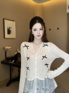 GUZILIAN | Summer Butterfly Knot Knitted Cardigan Loose Long Sleeve Thin Sun Protection Outerwear Womens Fashion Style Commute Version