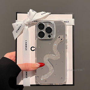 Silver Snake Year Protective Phone Case for 16ProMax 2025 Glitter Diamond 3D Personality High-End Feel 14Plus with Mirror 13PM