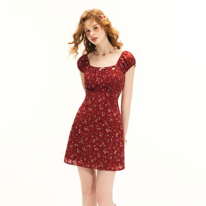 Unifree | Red Floral Chiffon Dress A-Line Square Neck Vintage Summer