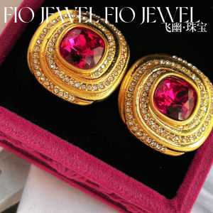 ต่างหูเพชรสี่เหลี่ยมสีชมพู แฟชั่นฤดูใบไม้ร่วง/ฤดูหนาว เครื่องประดับหรูหรา ต่างหูสไตล์ฝรั่งเศส ดีไซน์เก๋ไก๋สำหรับผู้หญิง