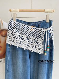 CAIENGE | Lace Flower Overlapping Belted Decorative Slimming Half Skirt