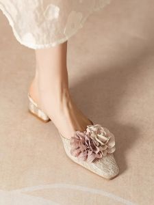 Sweet Style Satin Flower Head Cover Slippers Womens Summer 2025 New Square Head Thick Heel Semi Slippers Versatile Slimming Cool Slippers