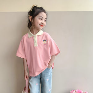 Cute Cartoon Short Sleeve Polo Shirt for Girls Childrens Summer Fashionable Top Korean Style Base Shirt Kids Trendy Clothing
