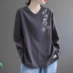 Laid-back Long Sleeve Pure Cotton V-neck Overhead Printed T-shirt Fashion for Ladies Anti-lost Design Daily Used Shoulder-length China Made Autumn Suitable