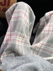 Quần Ống Rộng Kẻ Caro Lót Lông Cừu Màu Xám Cạp Cao Cho Nữ Mùa Thu Đông 2025 Phong Cách Mới Quần Ống Đứng Rộng Rãi