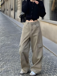 Slimming Straight Leg American Style Workwear Jeans Womens Washed Vintage Loose Wide Leg Casual Pants High Waist Pure Color