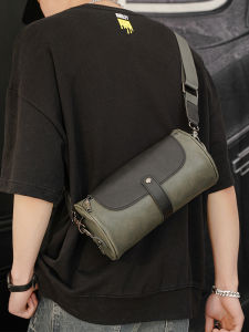 Fashionable Mens Single Shoulder Bag Trendy Streetwear round Tube Crossbody Bag Retro Backpack New 2025 Soft PU Leather