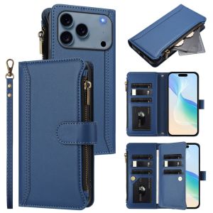 Ví có khóa kéo bằng da nắp gập Ốp điện thoại cho Iphone 18 Pro Max 17 không khí 16 Cộng với 15 14 đa khe cắm thẻ chân đế từ bìa Ốp bảo vệ chống sốc với dây đeo chéo