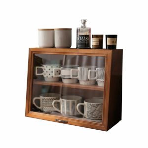 Retro Wooden Desktop Coffee Cup Display Cabinet Tea Set Storage Rack Organizer Dustproof Cover Acrylic Two-layer Stand