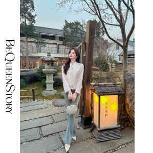 Chic Chinese Style Acetate Sleeve Patchwork Magnetic Button Stand Collar Long Sleeve Outerwear by Bequeenstory for Young Women