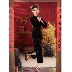 Red New Chinese Style Cheongsam Set Winter New Year Visit Costume Long Sleeve Daily Wear Retro Style Long Cheongsam
