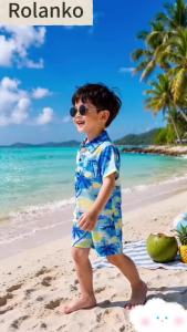 [Ready Stock] Rolanko 2Piece Beach Printed Shirt Shorts Set for Kids Short Sleeve Summer Hawaii Casual Outfit 6-11Years