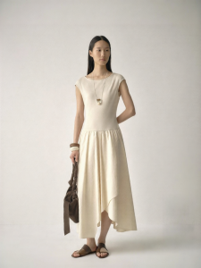 INSIS FEMME | Linen Cotton Blend Summer Patchwork Flared Sleeve A-Line Dress
