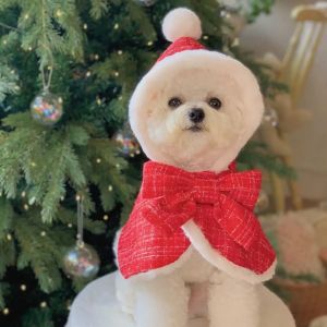 Christmas Plush Pet Coat with Hood Scarf Windbreaker Warm for Dogs And Cats New Years Outfit Holiday Pet Clothing Accessories