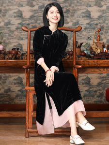Váy Lụa Nhung Tay Dài Màu Đen Phong Cách Mới Cho Nữ Mùa Đông Phong Cách Trung Hoa Cổ Truyền Váy Dài Kiểu Cải Tiến